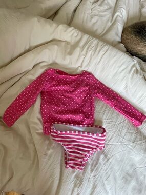 Rufflebutts Pink Polka-Dot Long-Sleeve Rash Guard with Striped Bikini Bottoms